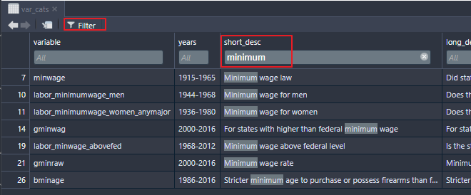 RStudio Filter