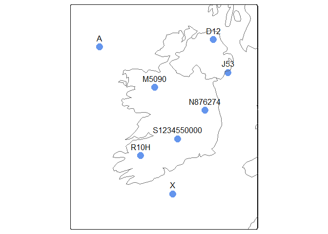 A map of Ireland with a dot at the south west corner of each sample grid reference.